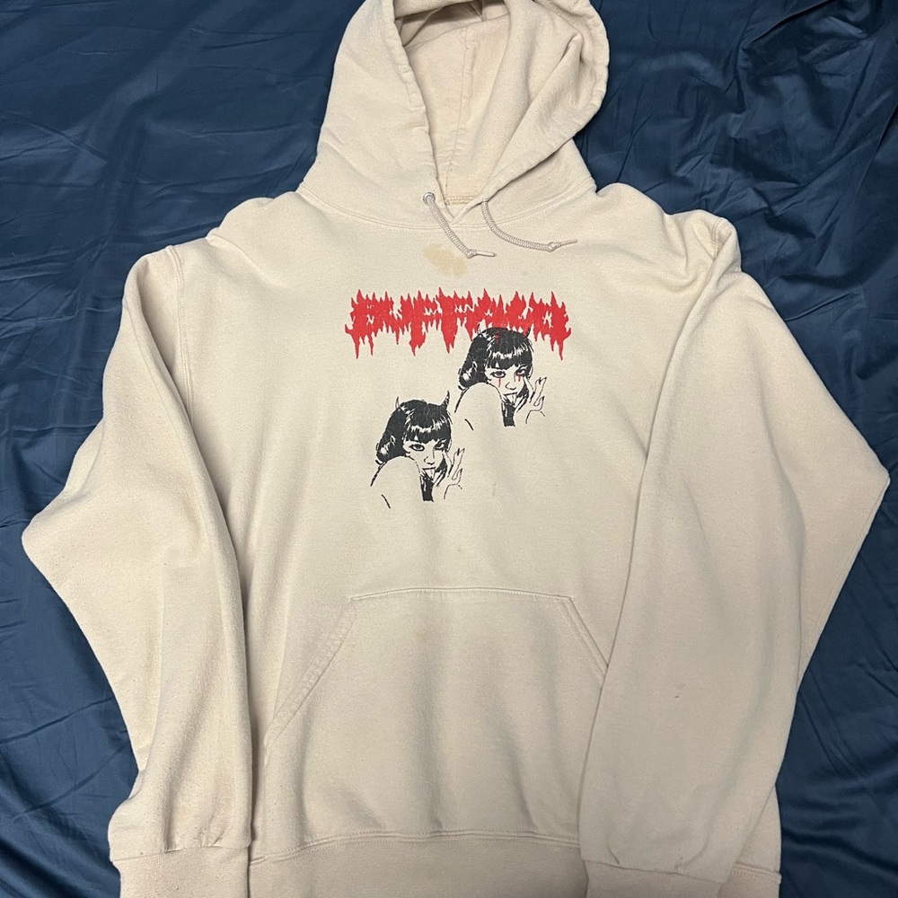 Cream Pullover Sweater with Graphic Design and Hood